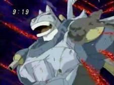 Kouji/Magna Garurumon sacrfacing himself so that Takuya/Kaiser Greymon can strike Cherubimon up close.